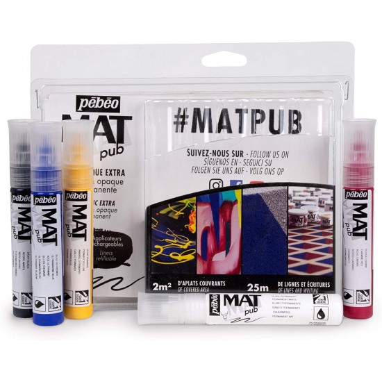 Set of 5 applicators 30ml MAT PUB. Refillable applicator, fine tip, ideal for drawing and writing. Extra matt acrylic, opaque and permanent paint Set of 5 applicators 30ml MAT PUB. Refillable applicator, fine tip, ideal for drawing and writing. Extra matt acrylic, opaque and permanent paint